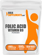 Polvo puro de ácido fólico 800 mcg BulkSupplements para bienestar
