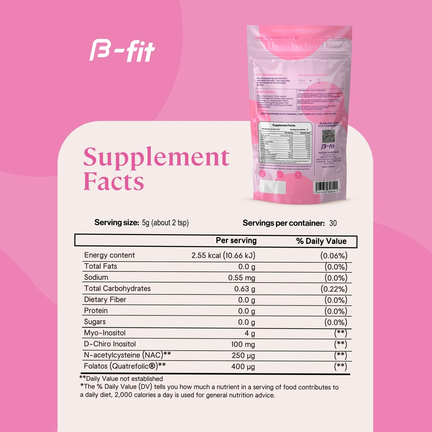 polvo puro B-FIT B Inositol Balance para salud hormonal