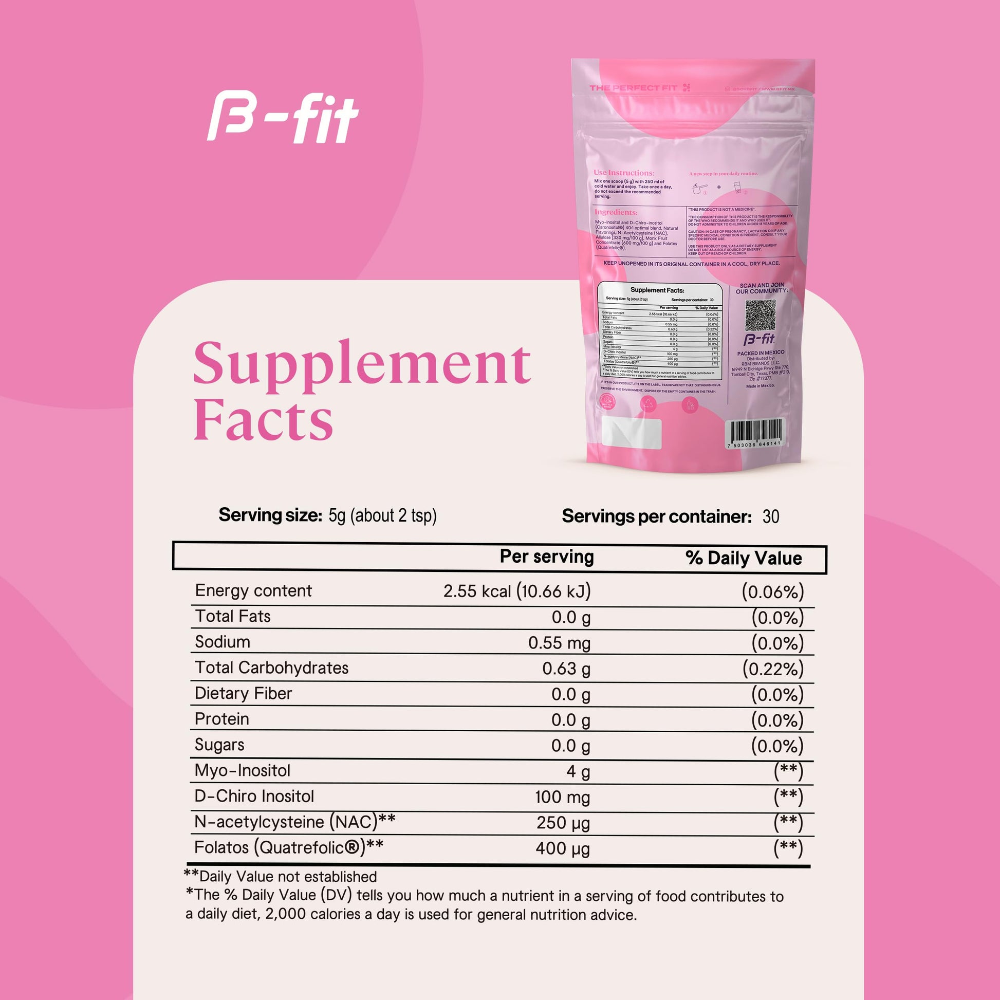 polvo puro B-FIT B Inositol Balance para salud hormonal