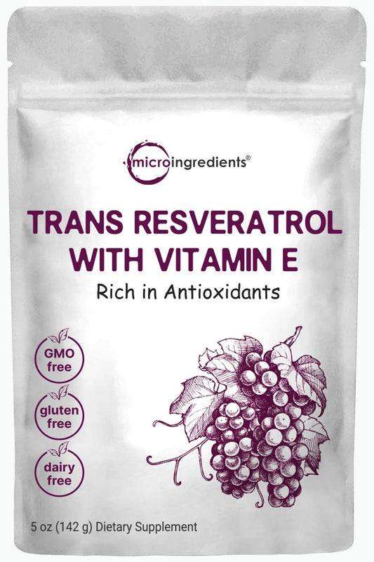 Polvo de Resveratrol puro con vitamina E en envase de 5 onzas