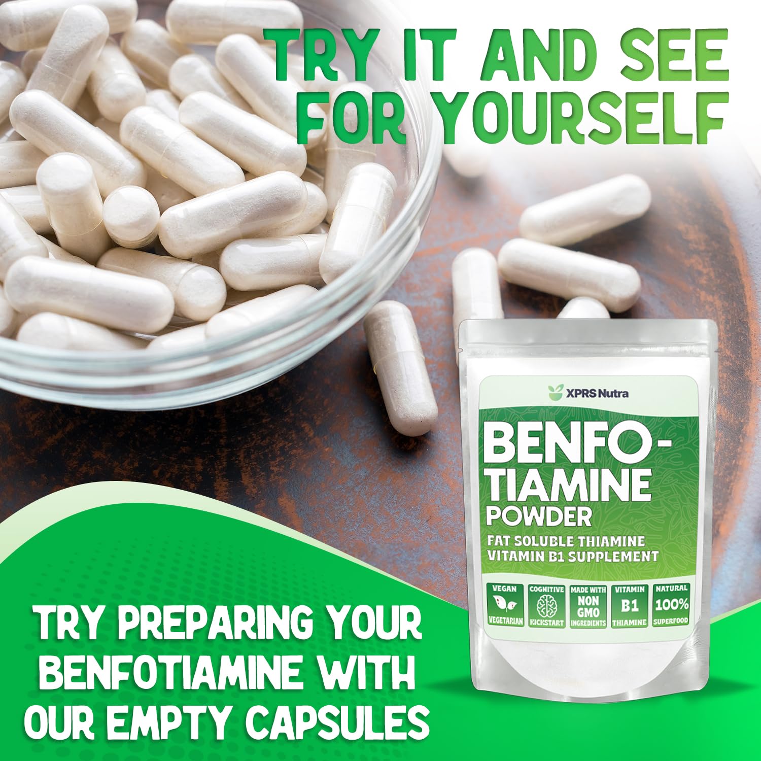 Polvo vitamina B1 benfotiamina XPRS Nutra paquete