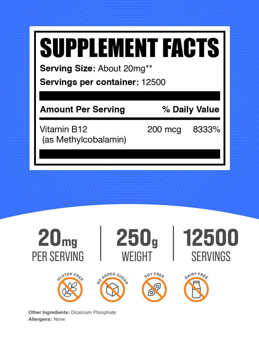 Polvo vitamina b12 bulkSupplements etiqueta frontal