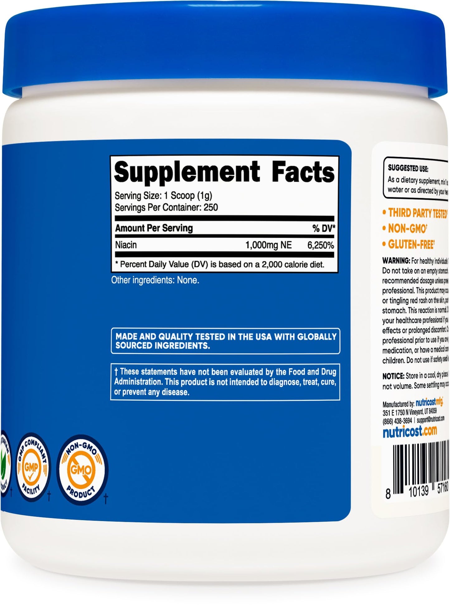 Polvo de Vitamina B3 Nutricost 250 gramos