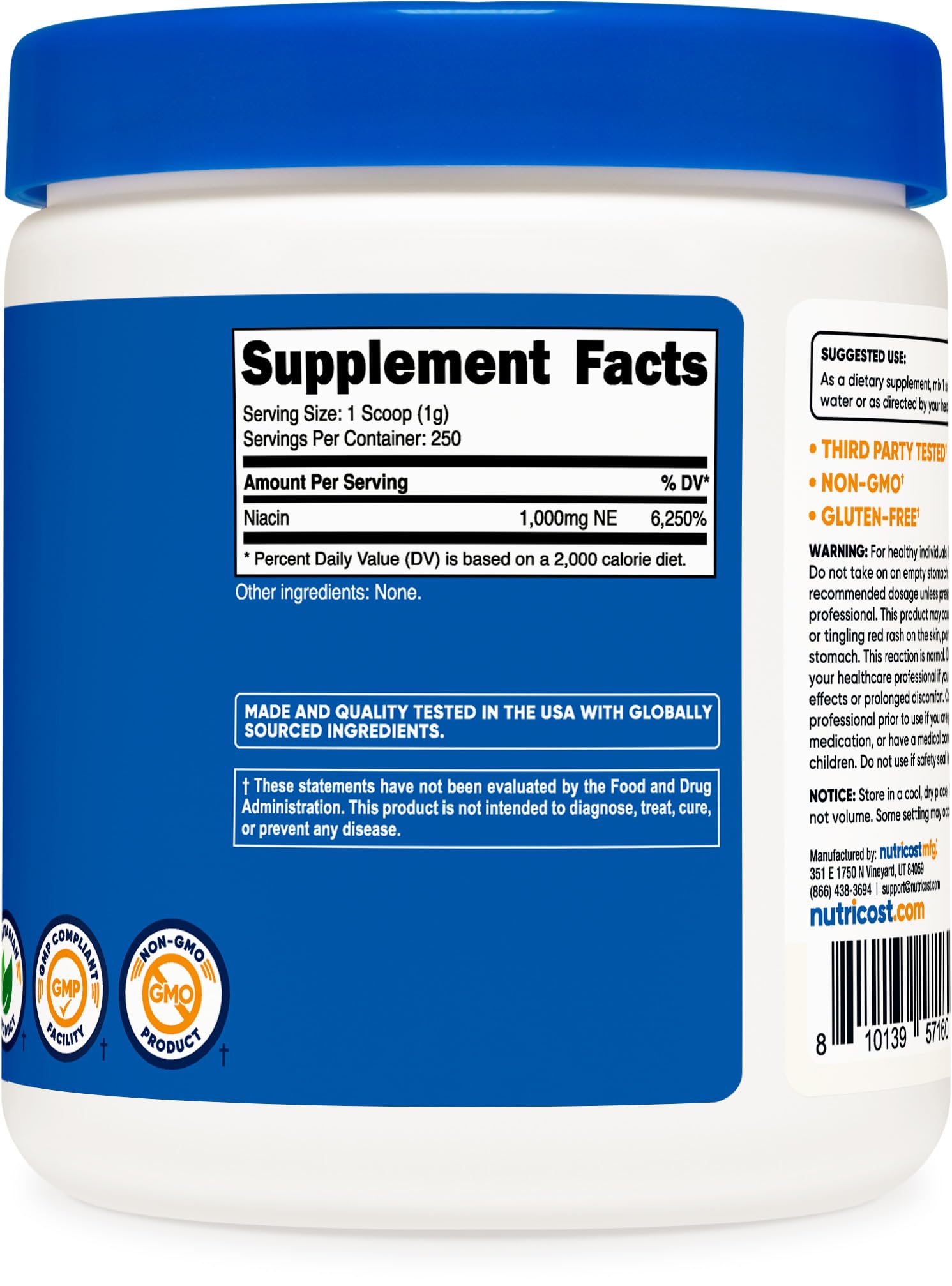 Polvo de Vitamina B3 Nutricost 250 gramos