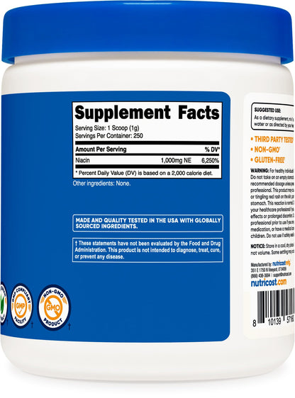Polvo de Vitamina B3 Nutricost 250 gramos