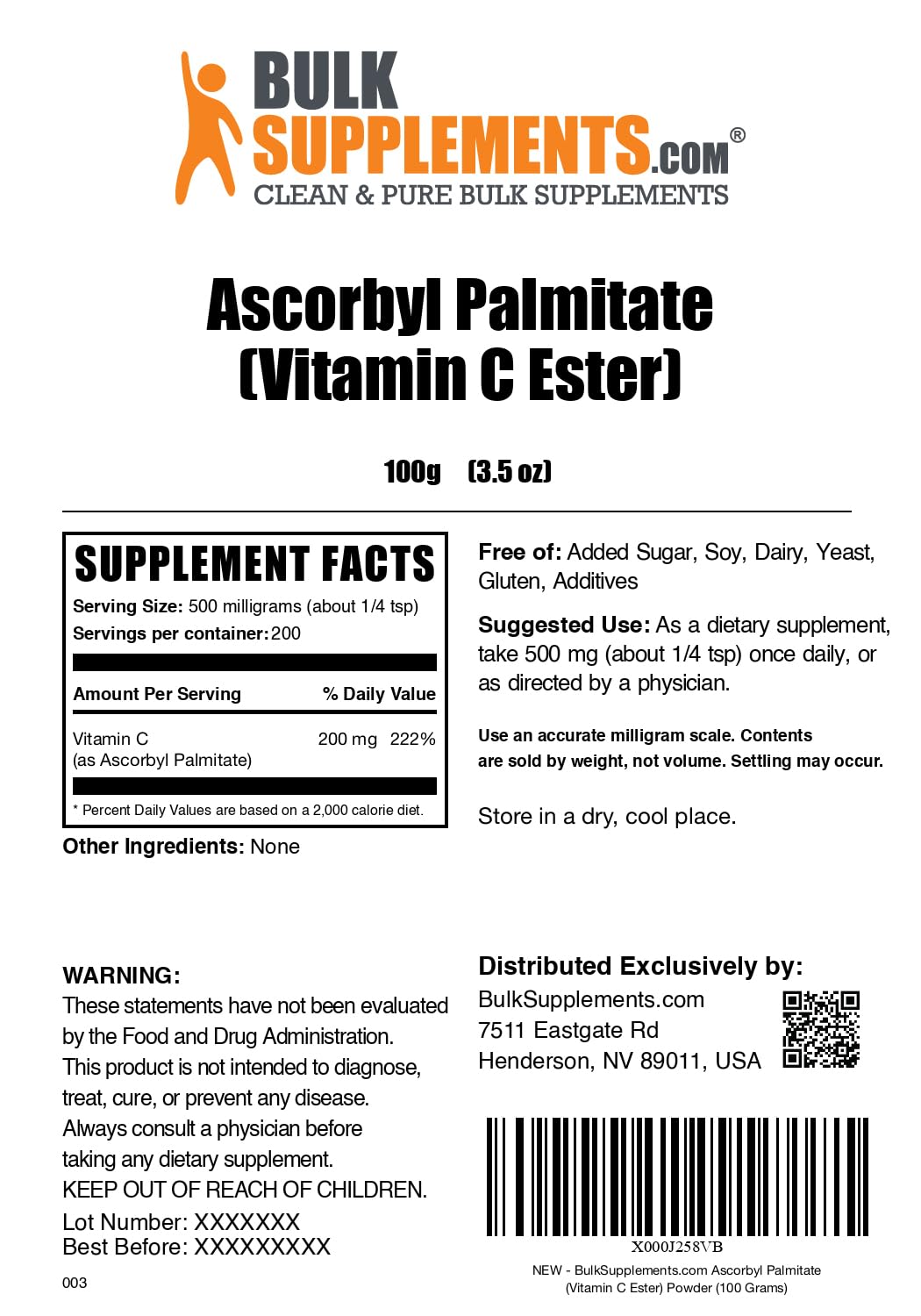 Polvo vitamina c BulkSupplements palmitato ascorbilo 500 mg envase