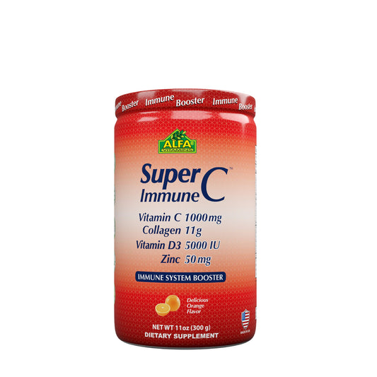 Polvo de vitamina C en envase naranja