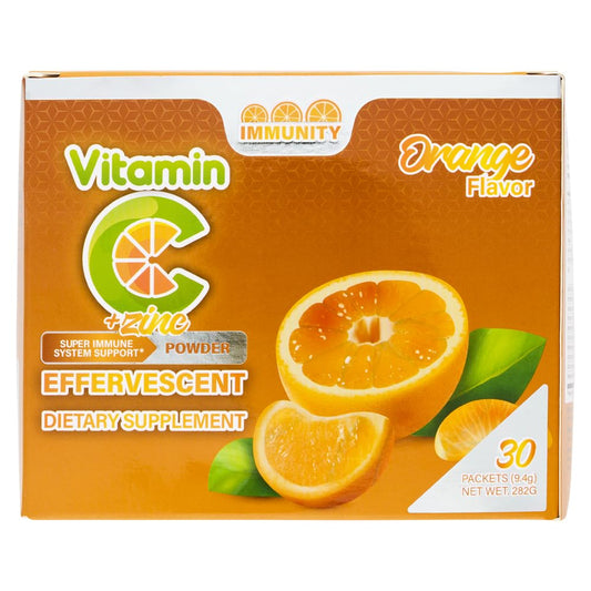 Paquete de polvo efervescente vitamina c zinc sabor naranja