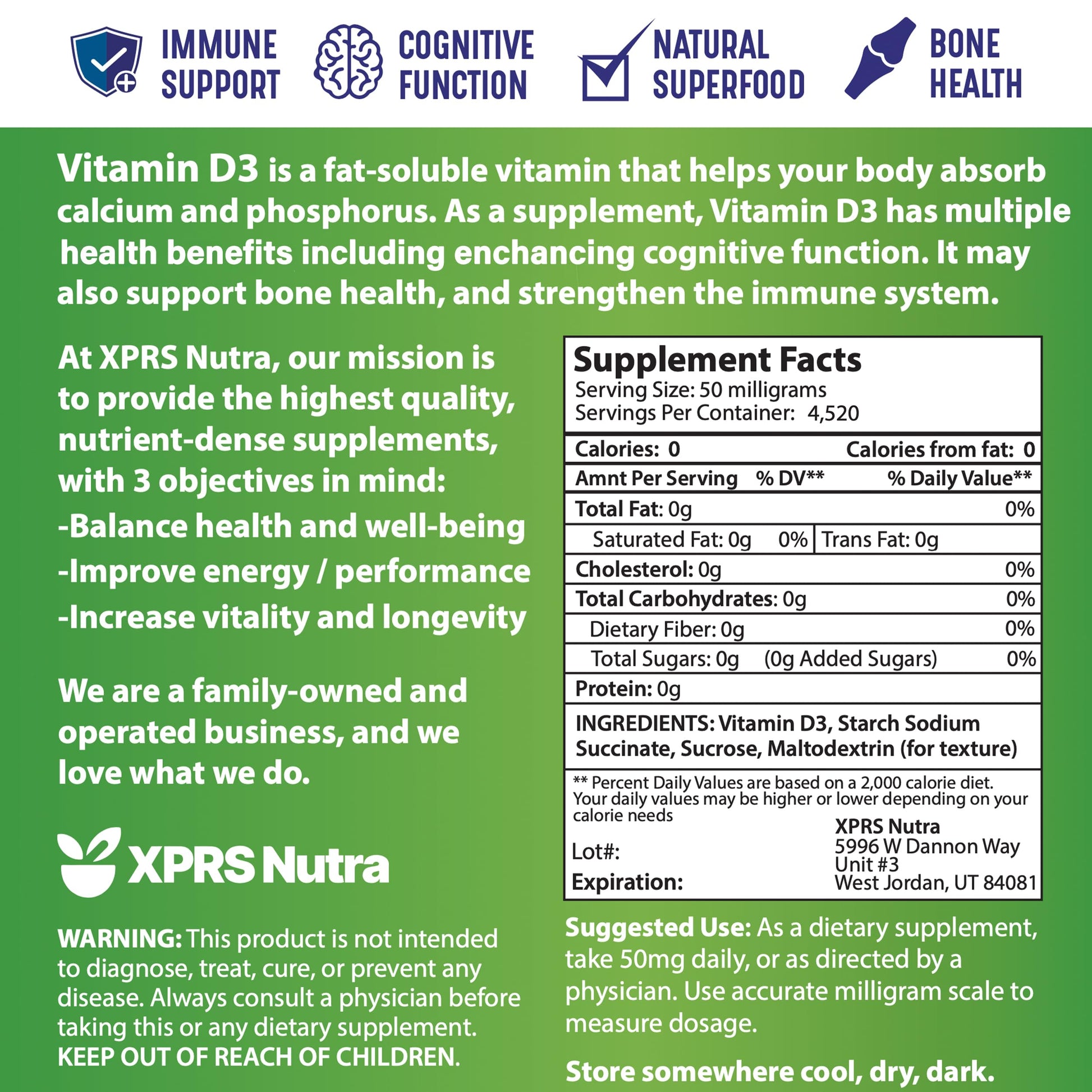 Polvo vitamina d3 XPRS Nutra 8oz versátil para recetas