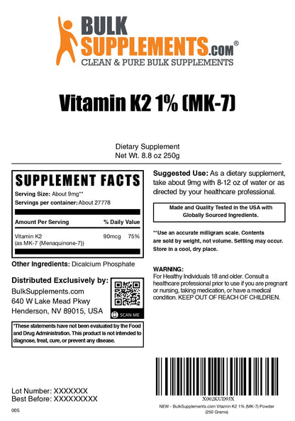 Polvo vitamina k2 mk7 BulkSupplements 250 gramos