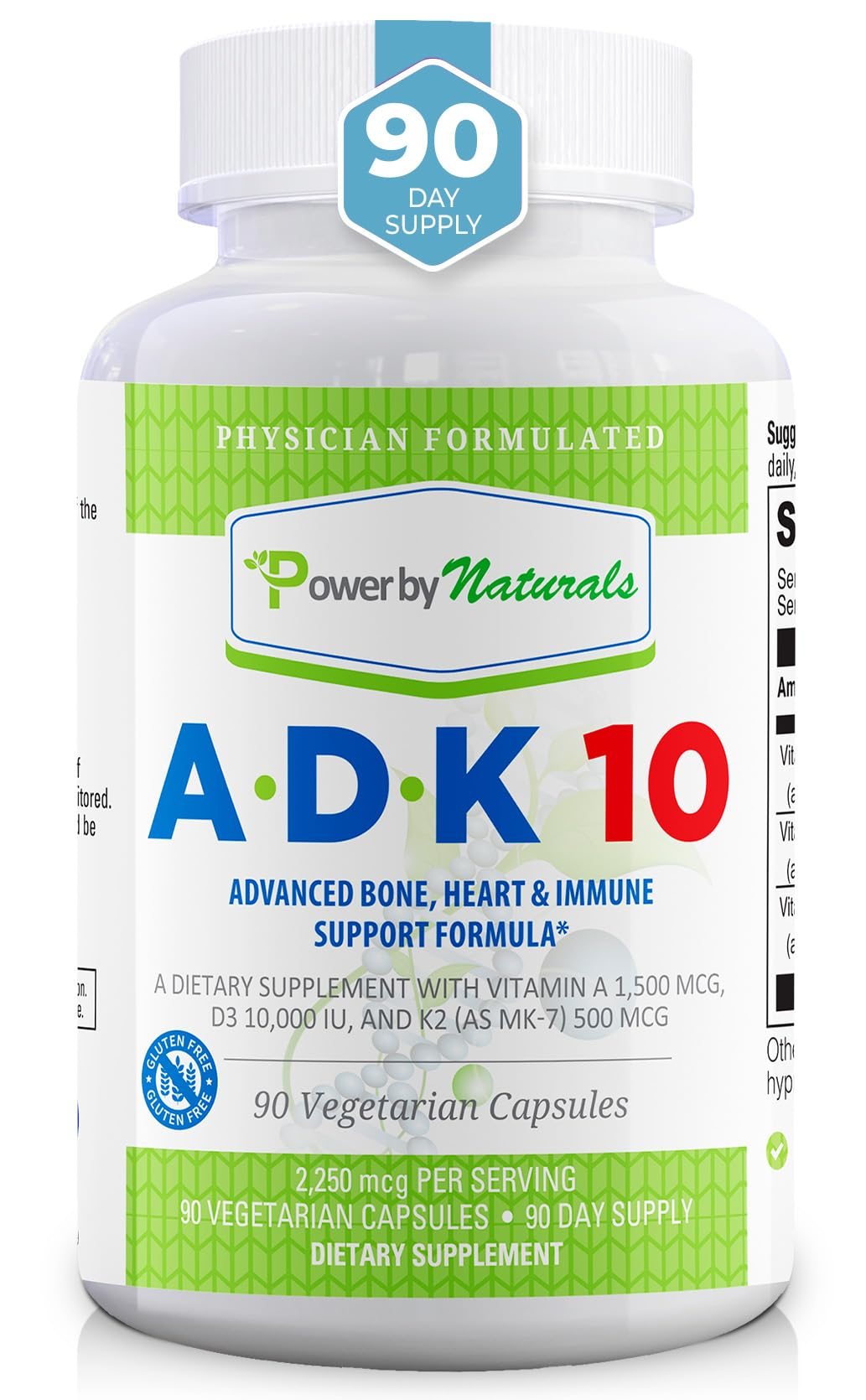 Frasco de suplemento Power By Naturals ADK 10 con vitaminas A D3 K2