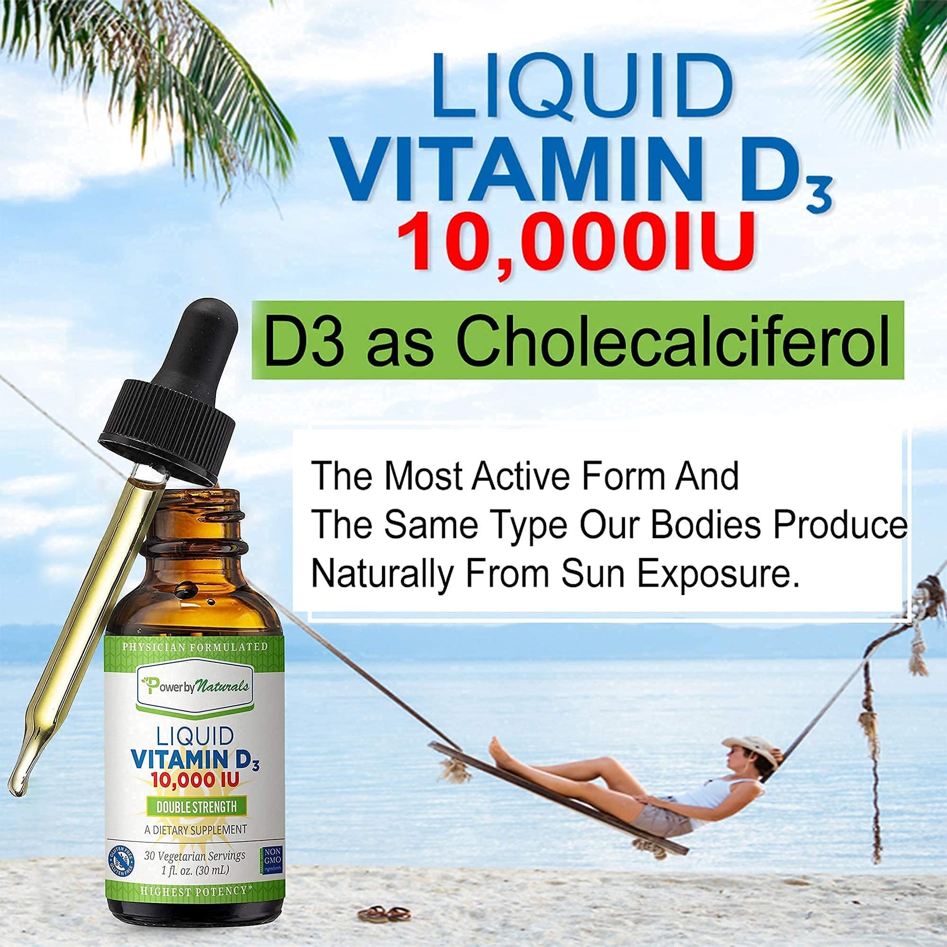 Frasco trasero y etiqueta Power By Naturals vitamina D3 gotas