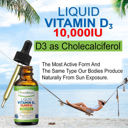 Frasco trasero y etiqueta Power By Naturals vitamina D3 gotas