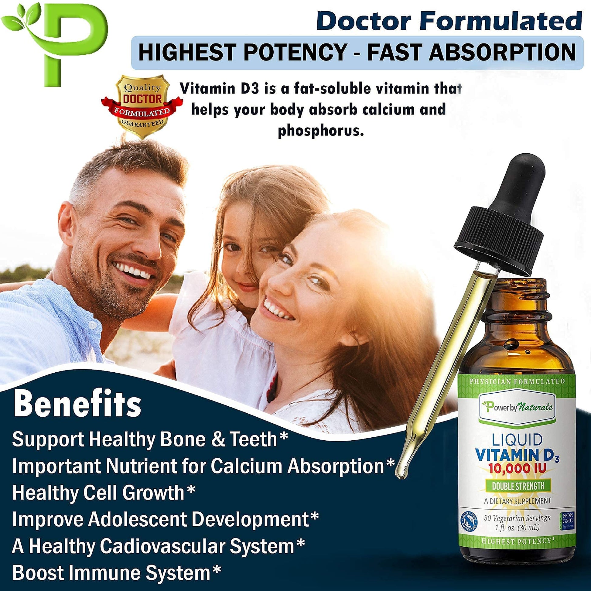 Detalle gotero Power By Naturals vitamina D3 10000 UI