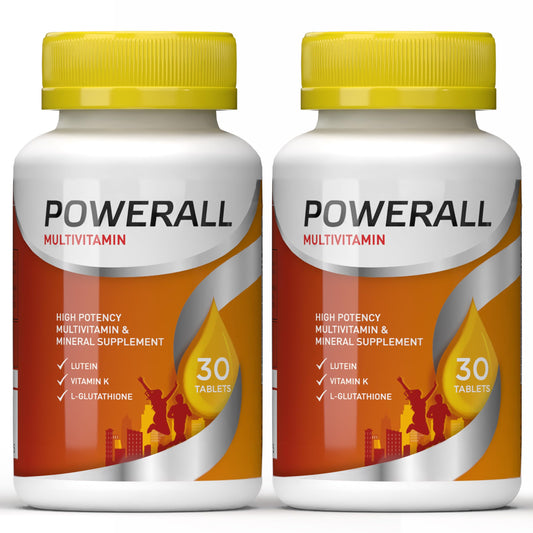 Caja y tabletas del multivitamínico Powerall Basic Brands