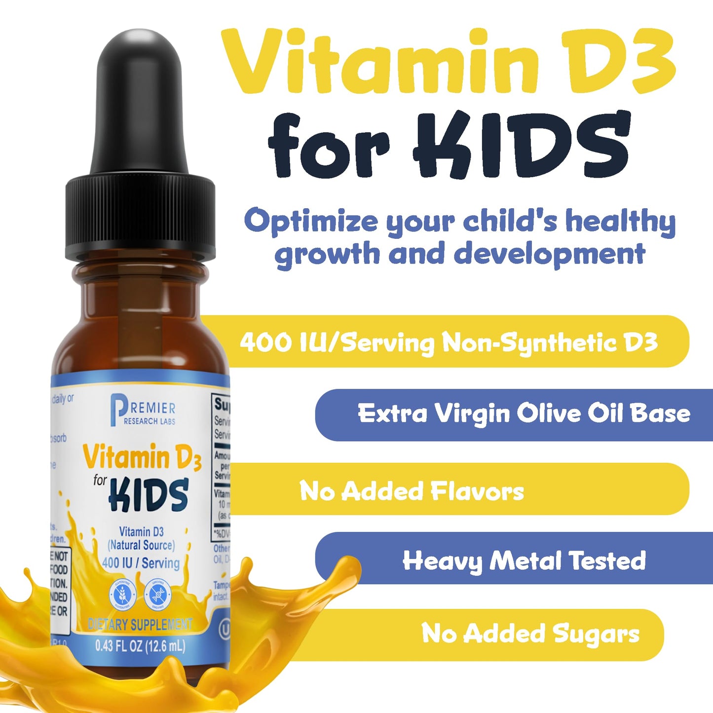 Botella vitaminas D gotas líquidas Premier Research Labs niños