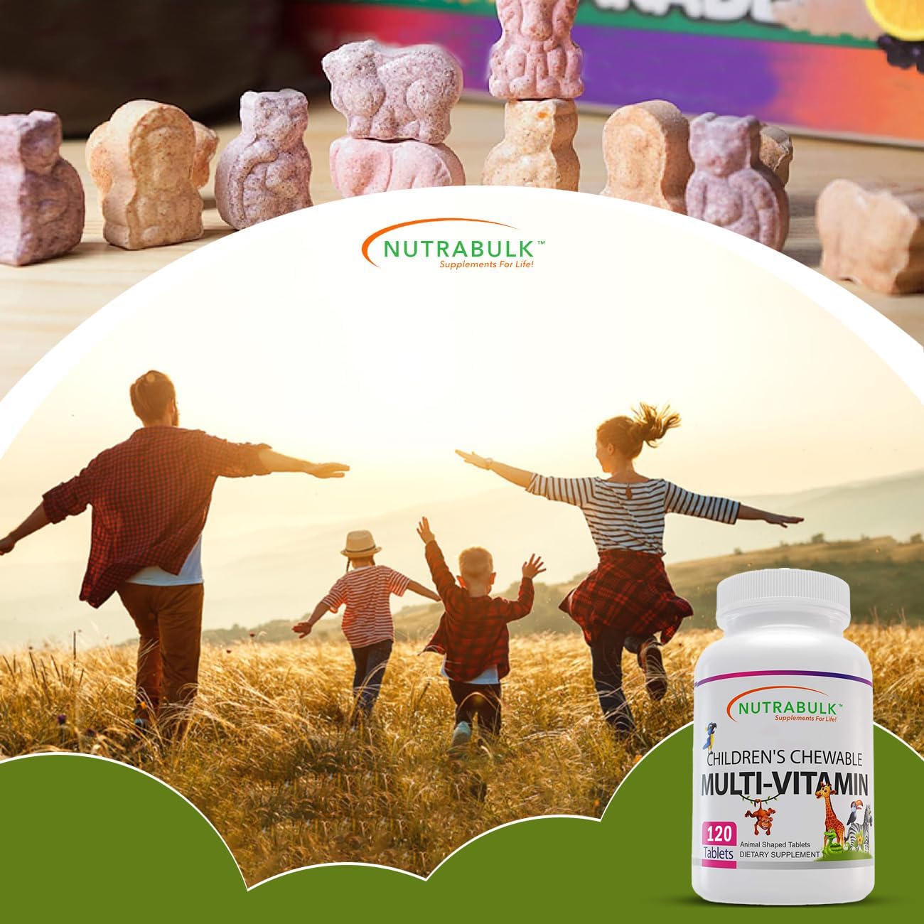 Presentación de 120 tabletas multivitamínicas para niños NutraBulk