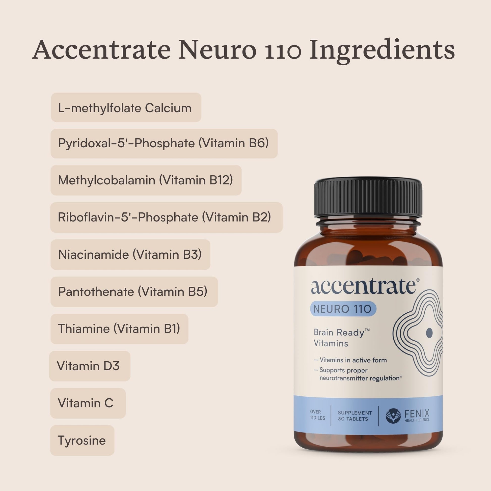 Presentación Accentrate Neuro 110 con ingredientes premium