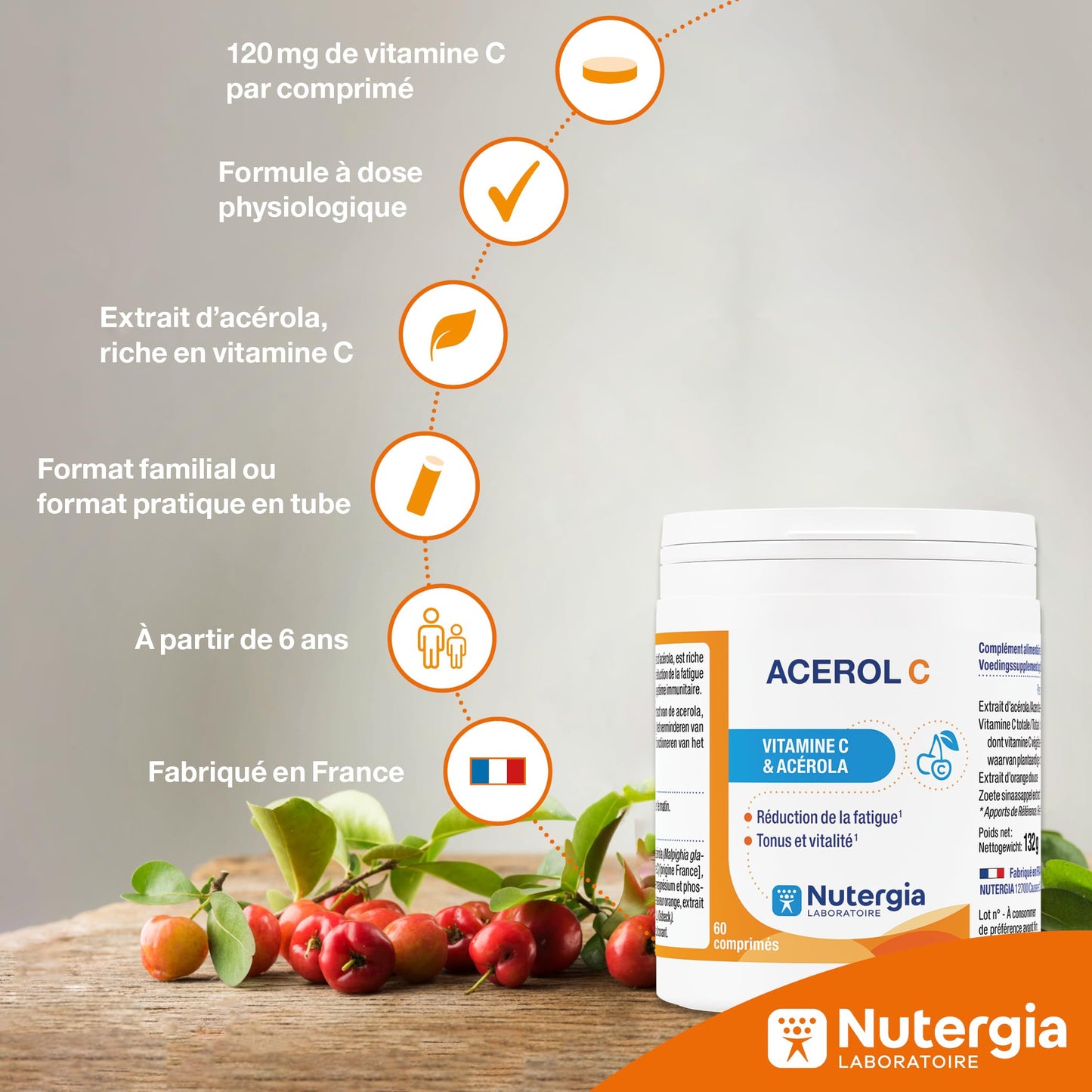 Presentación ACEROL C Nutergia 60 tabletas