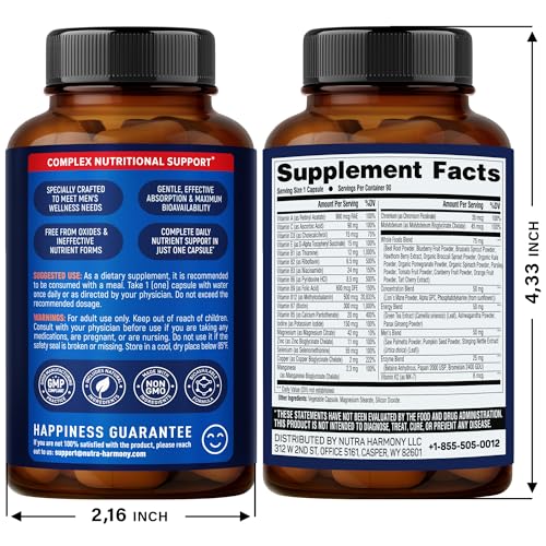Presentación frontal cápsulas Nutraharmony multivitamínicos para hombres.