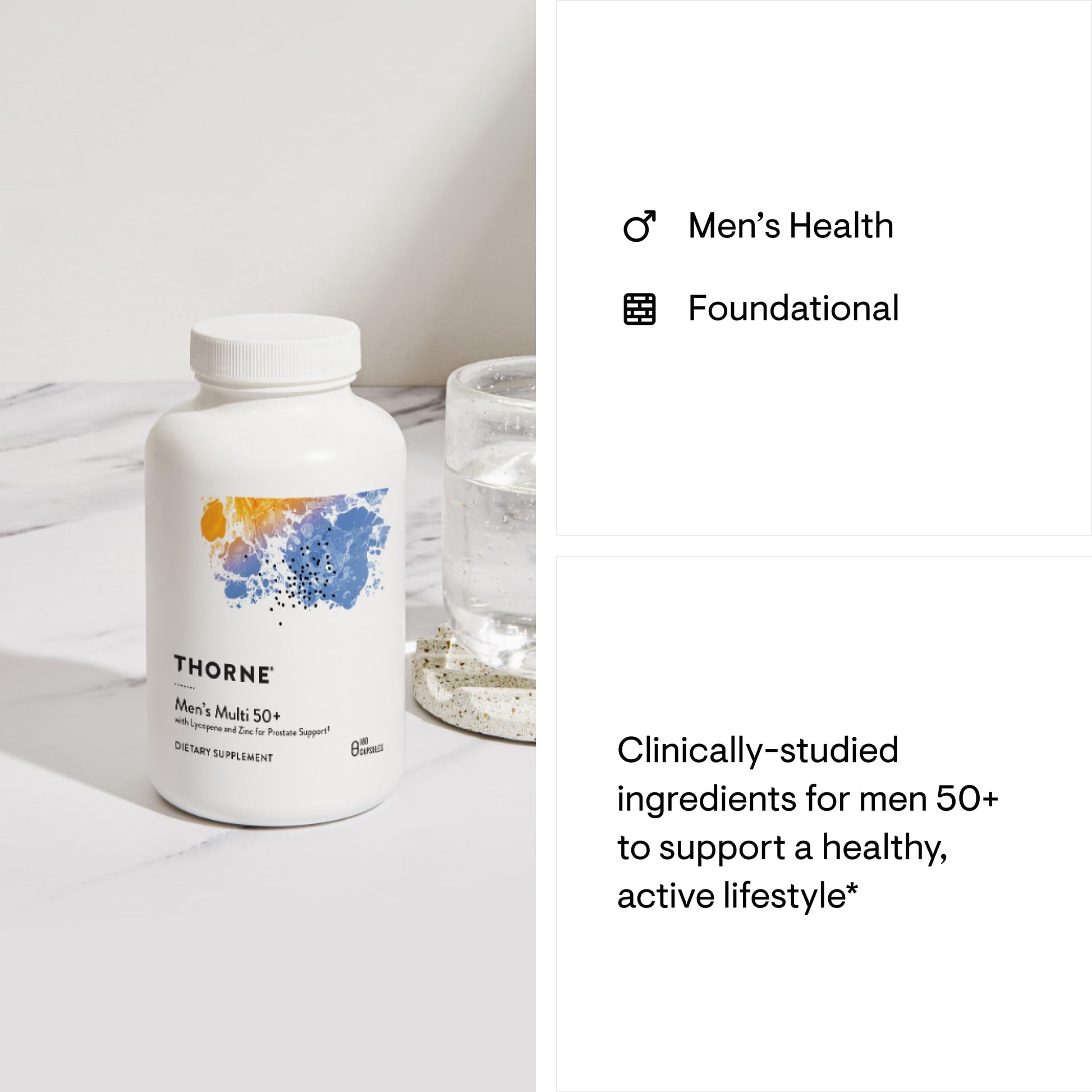 Presentación del multivitamínico THORNE para hombres mayores de 50 años en un entorno elegante.