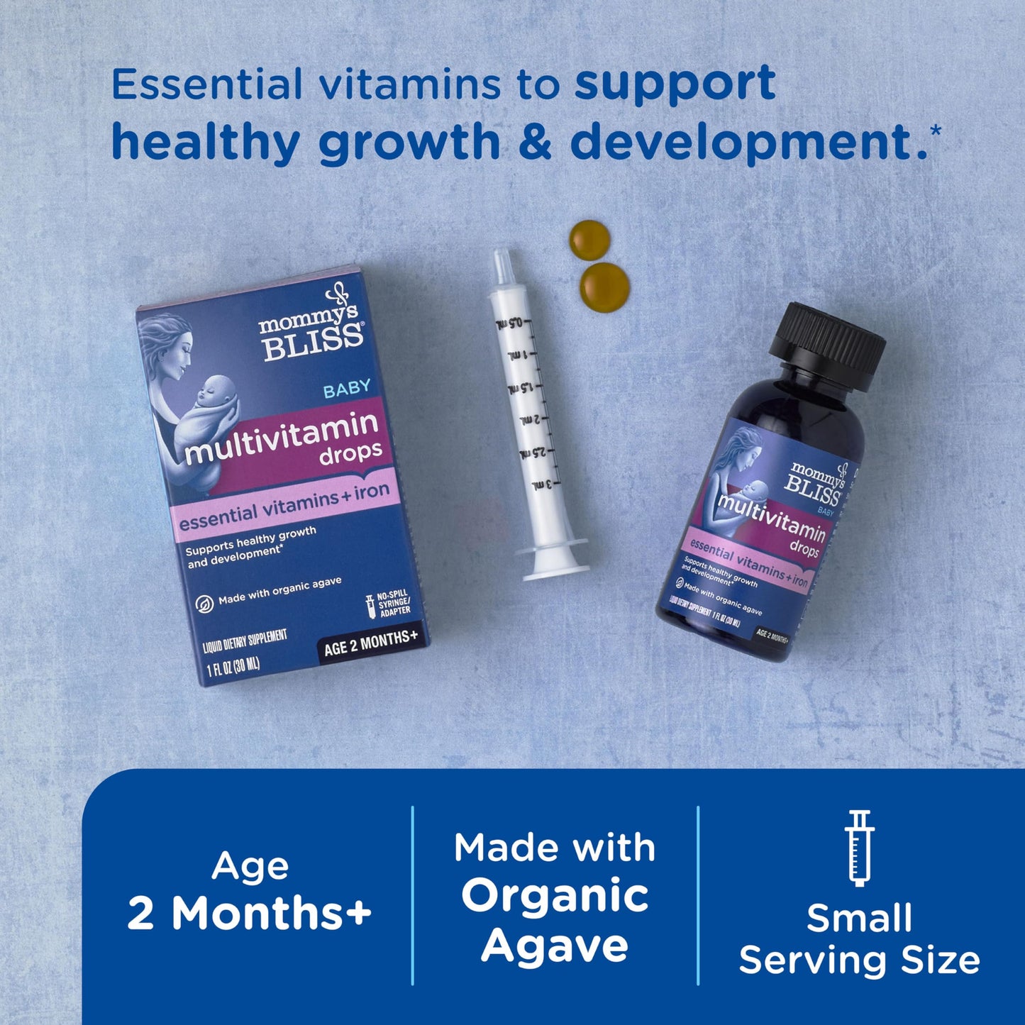 Presentación de gotas y jeringuilla para multivitaminas bebé