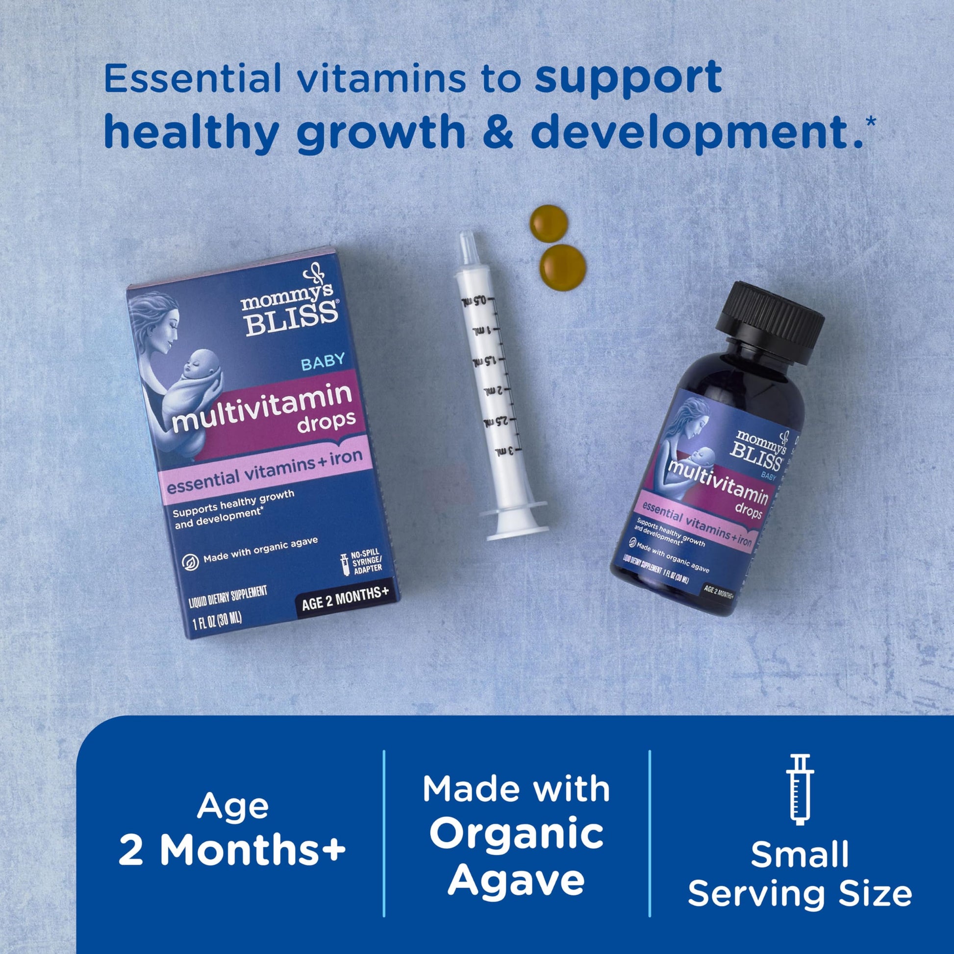 Presentación de gotas y jeringuilla para multivitaminas bebé