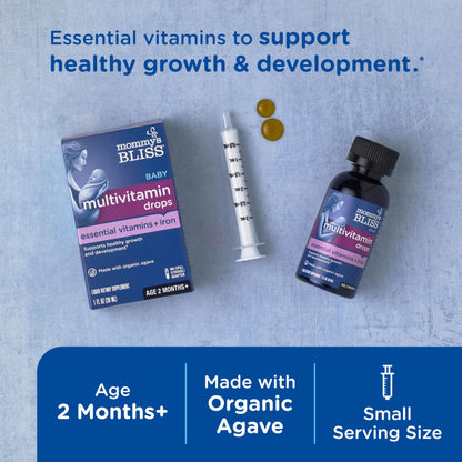 Presentación de gotas y jeringuilla para multivitaminas bebé
