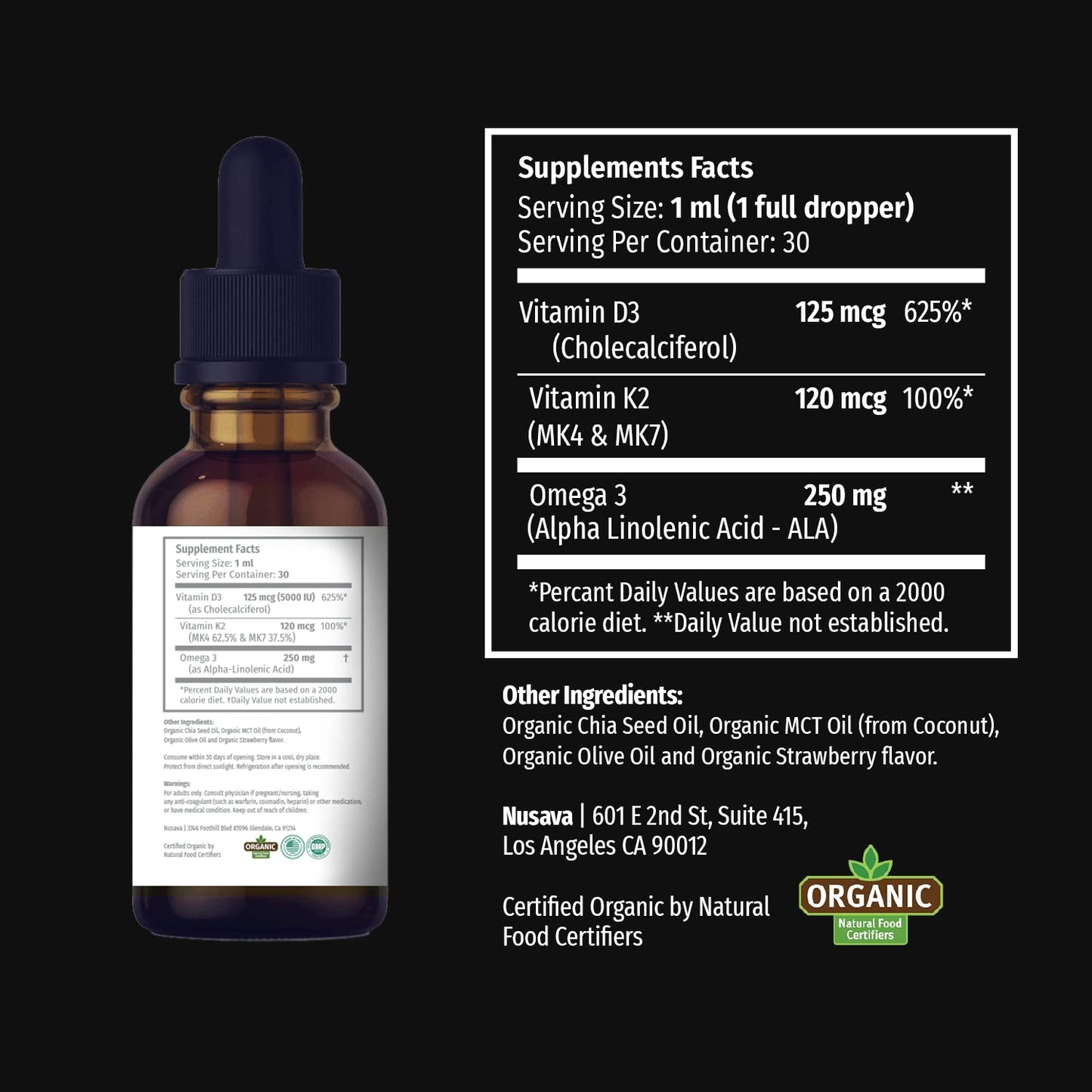 Presentación gotas líquidas NUSAVA vitaminas D3 y K2 sabor