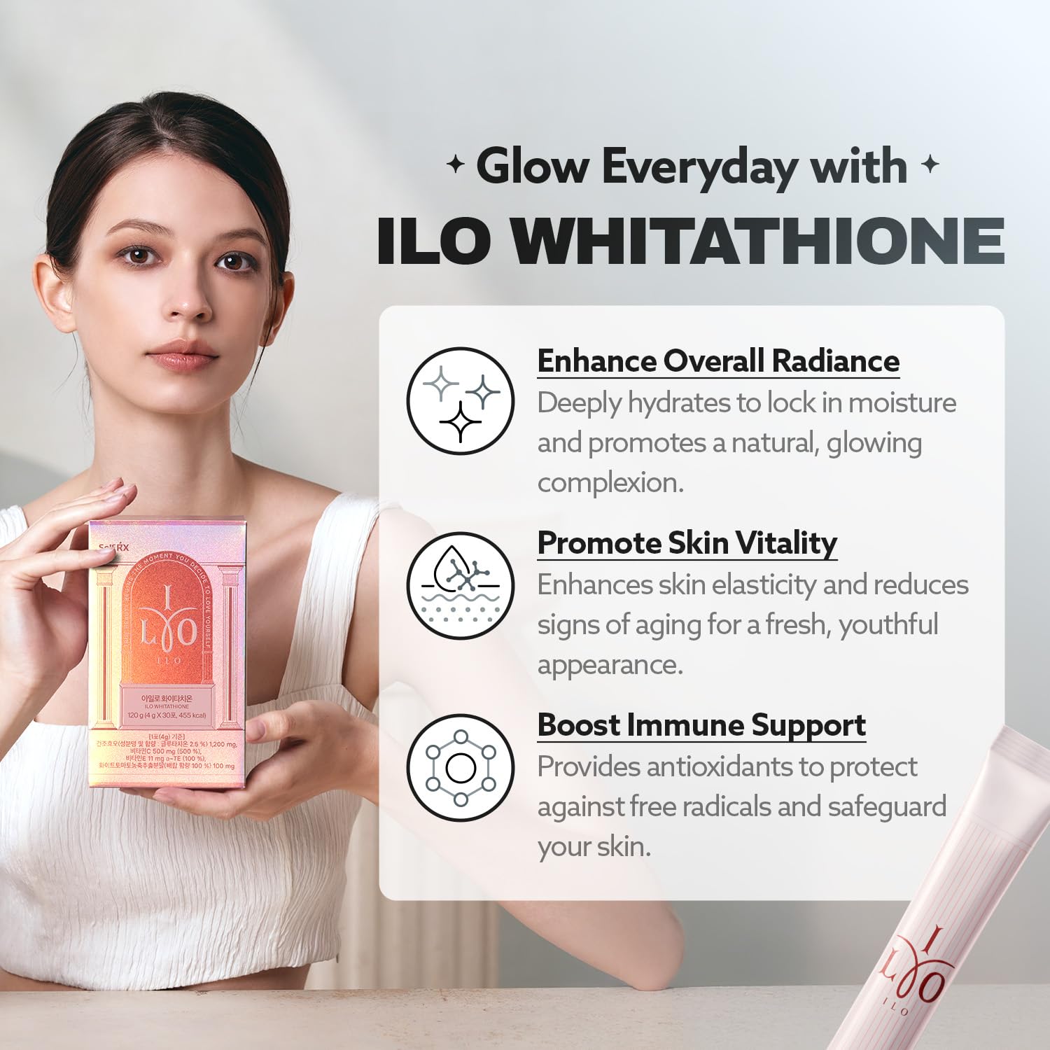 Presentación ILO Whitathione 30 sobres antioxidante para piel