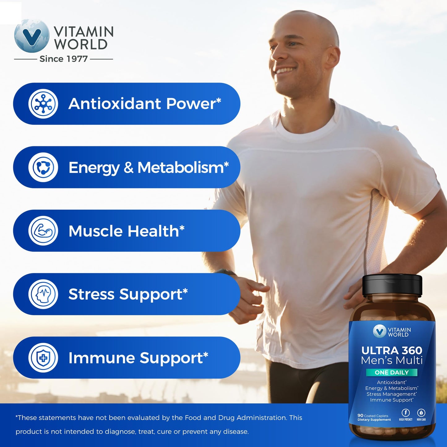Presentación del frasco de multivitamínico Ultra 360 para hombres.