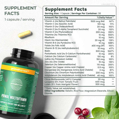 Primal Harvest, multivitaminas y mind fuel en conjunto.