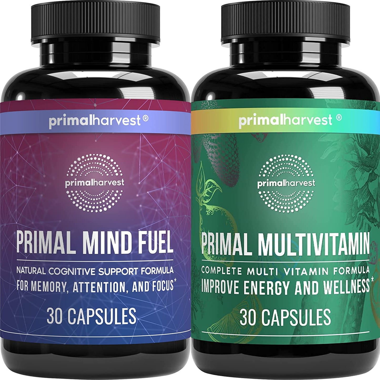 Botellas de suplementos Primal Harvest multivitamínico y mind fuel.