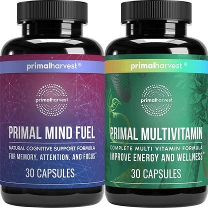 Botellas de suplementos Primal Harvest multivitamínico y mind fuel.