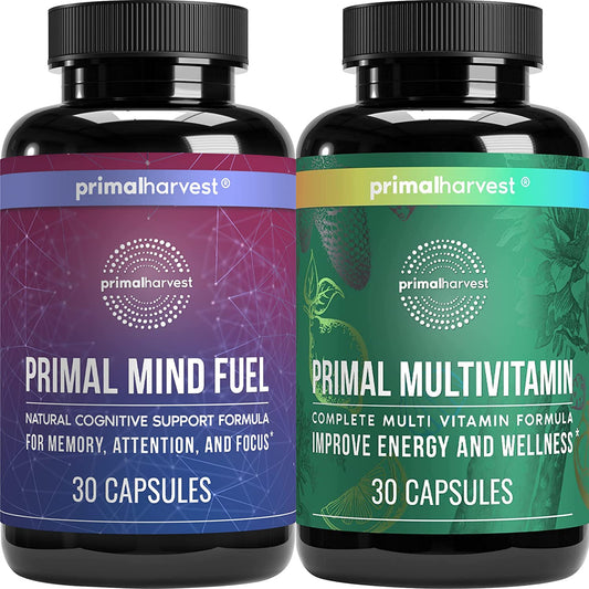 Botellas de suplementos Primal Harvest multivitamínico y mind fuel.