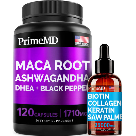 Paquete PrimeMD gotas líquidas biotina colágeno y cápsulas maca ashwa