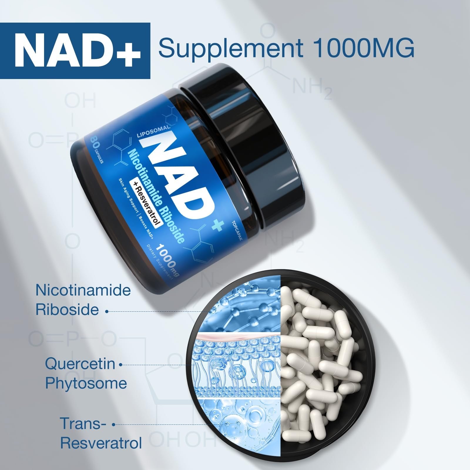 Primer plano de cápsula suplemento NAD TOPCAPAK 1000mg