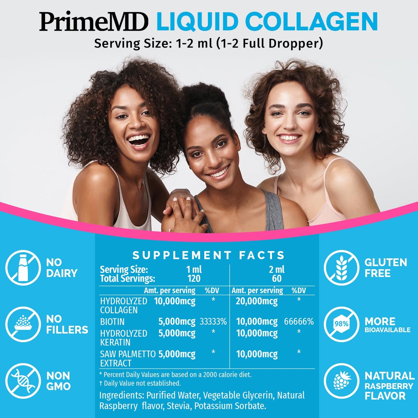Primer plano gotas colágeno líquido biotina PrimeMD