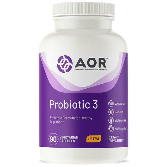 Envase de Probiotic 3 de AOR con 90 cápsulas para salud digestiva.