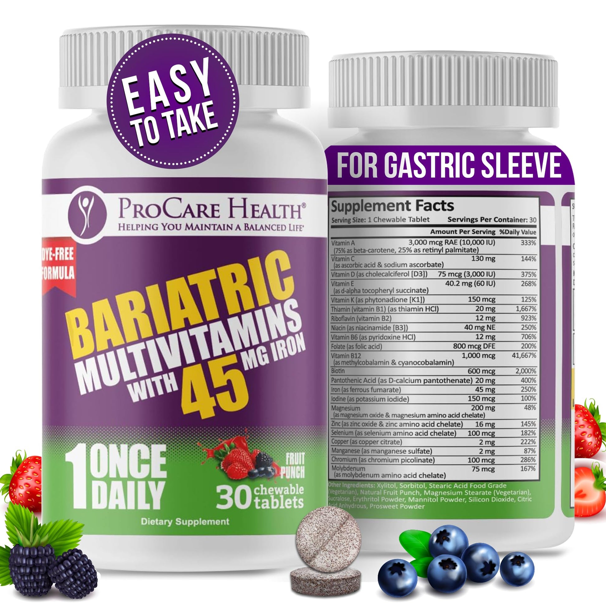 ProCare Health multivitamínico bariátrico con hierro, 45 mg sabor ponche de frutas, 30 comprimidos masticables