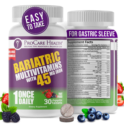 ProCare Health multivitamínico bariátrico con hierro, 45 mg sabor ponche de frutas, 30 comprimidos masticables