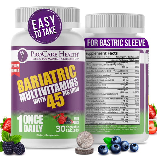 ProCare Health multivitamínico bariátrico con hierro, 45 mg sabor ponche de frutas, 30 comprimidos masticables