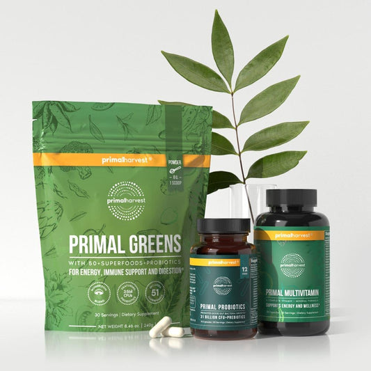 productos primal harvest con hojas y cápsulas