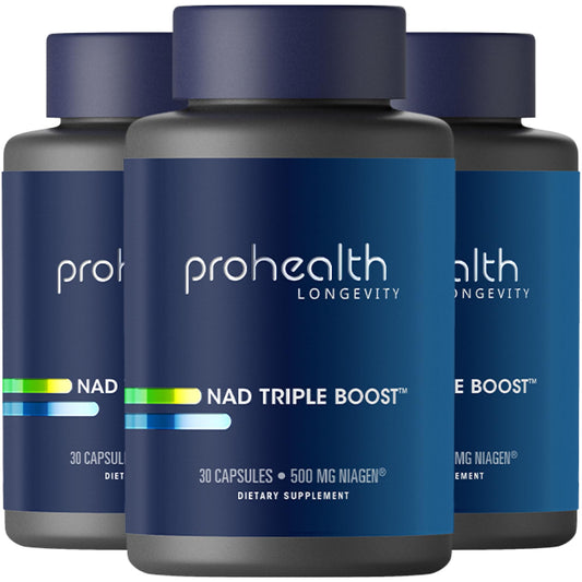 ProHealth NAD Triple Boost frasco con etiqueta y 500mg Niagen NR por porción