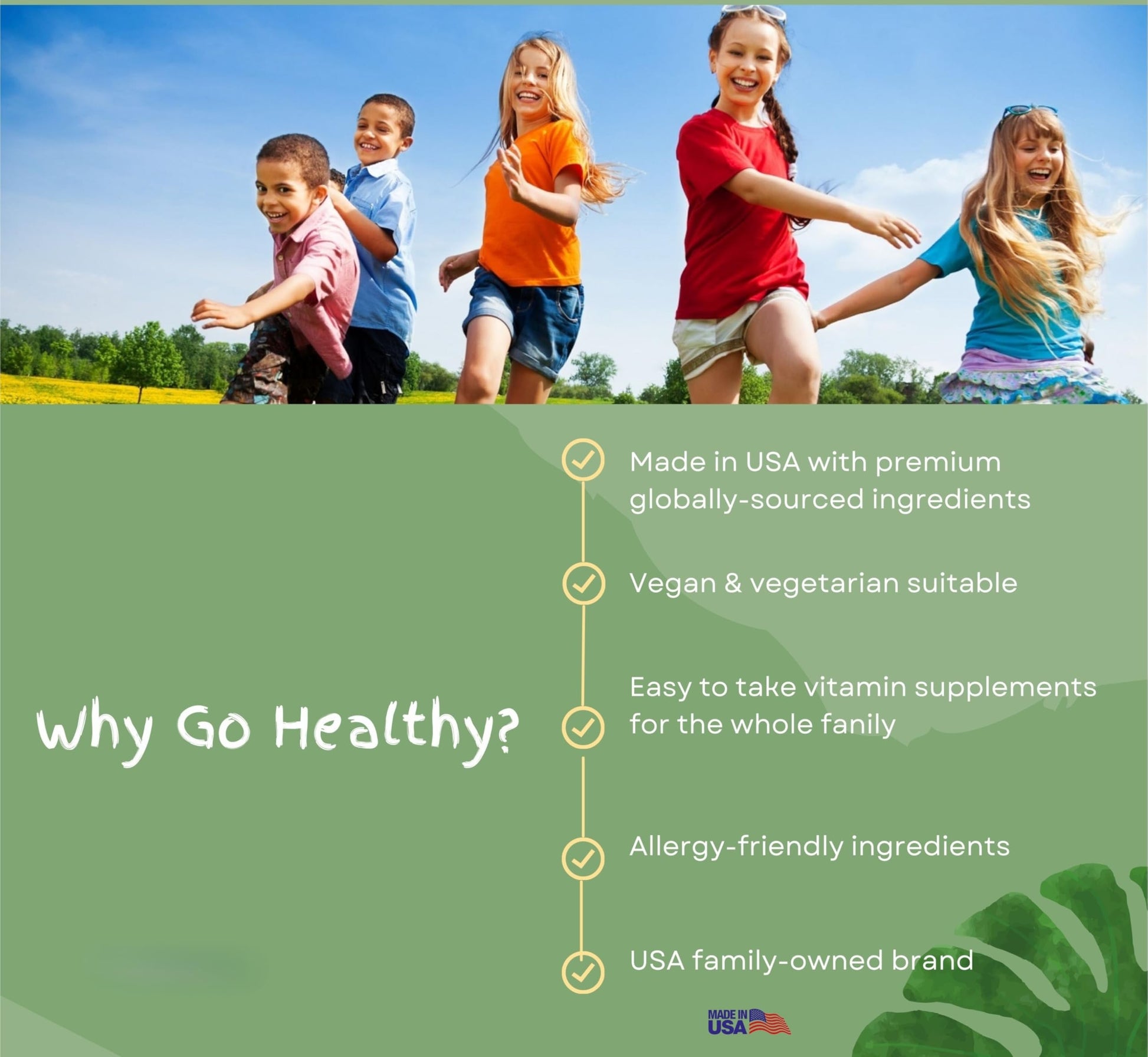 Promoción de Go Healthy Kids con niños felices al aire libre.