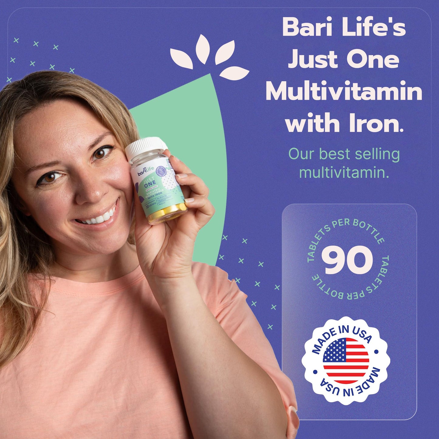 promoción multivitamínico just one mujer sosteniendo botella