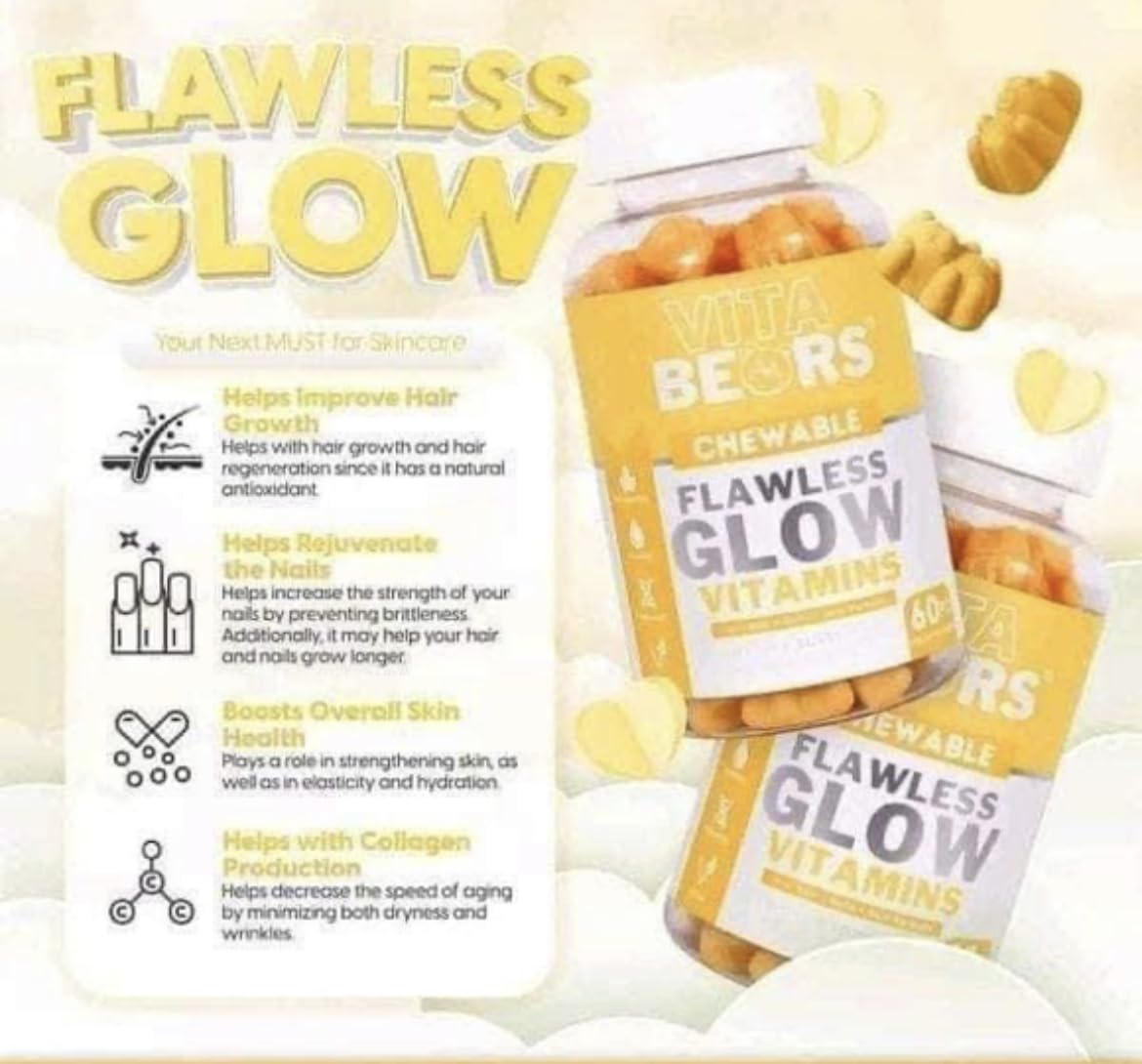 Imagen promocional de gomitas Flawless Glow con beneficios destacados.