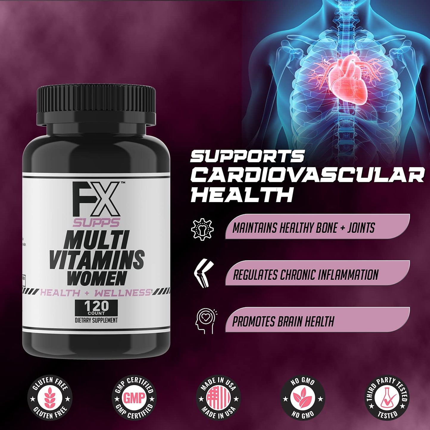 Imagen promocional de soporte cardiovascular FXSUPPS para mujeres.