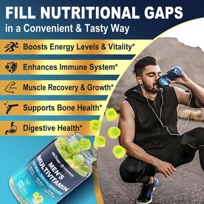 Lista de propiedades de las gomitas multivitamínicas para hombres, hechas en USA.
