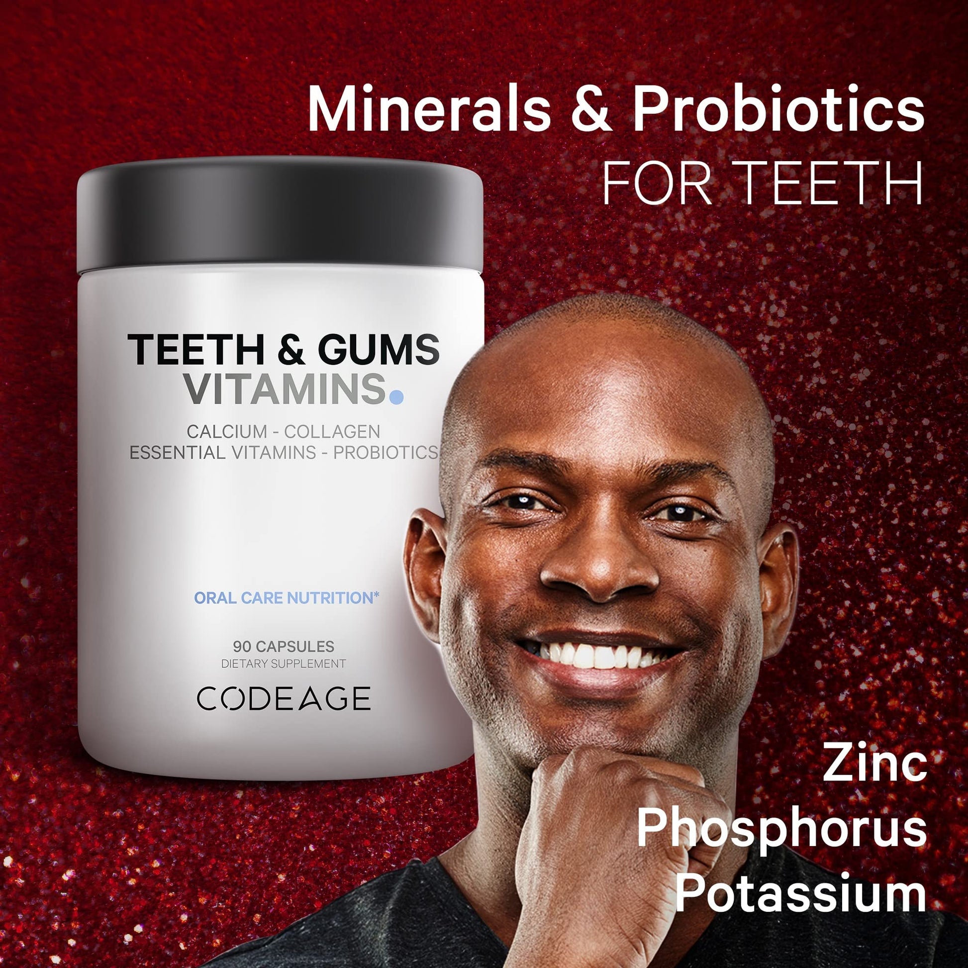 Imagen publicitaria para minerales y probióticos de Codeage para la salud de dientes y encías.